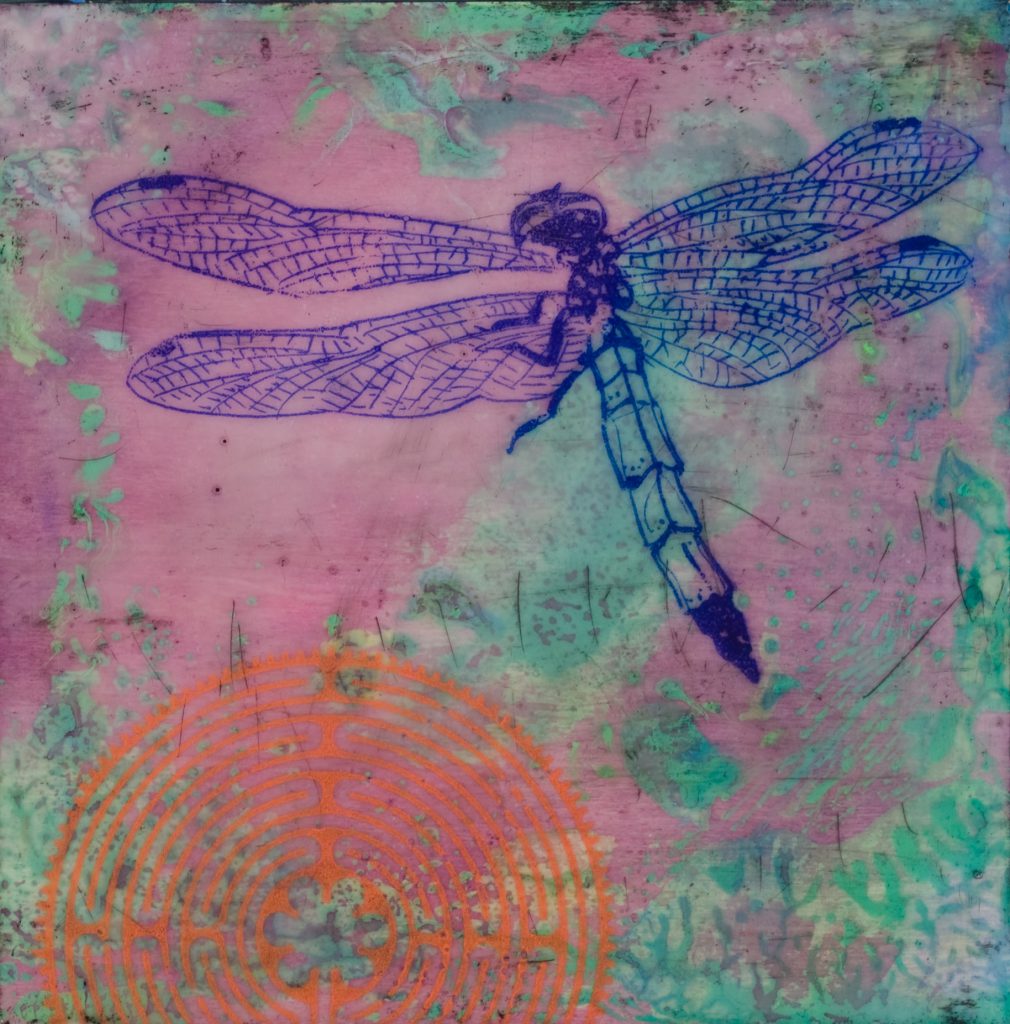 Dragonfly, 10" x 10" mixed media encaustic